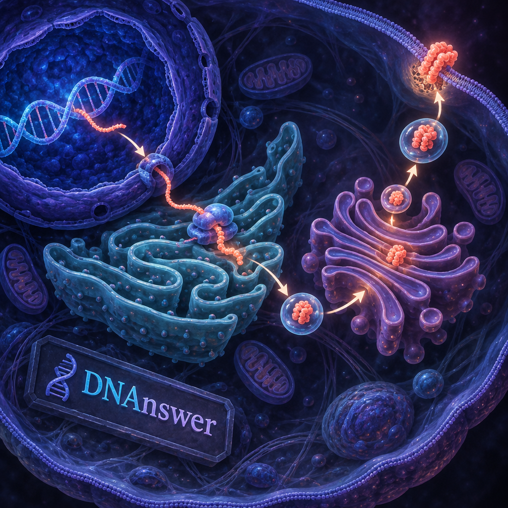 Animal cells diagram traces a coral protein from DNA through ribosome, ER, Golgi, and vesicle to the cell membrane.