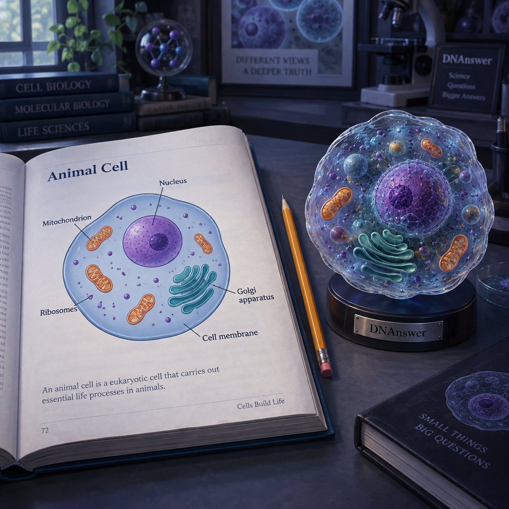 Open biology textbook diagram beside a 3D animal cell model, contrasting flat printed parts with layered depth.