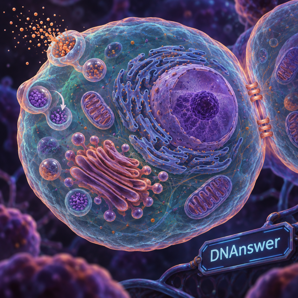 Translucent animal cells show organelles, membrane vesicles releasing waste, and junctions linking neighboring cells.