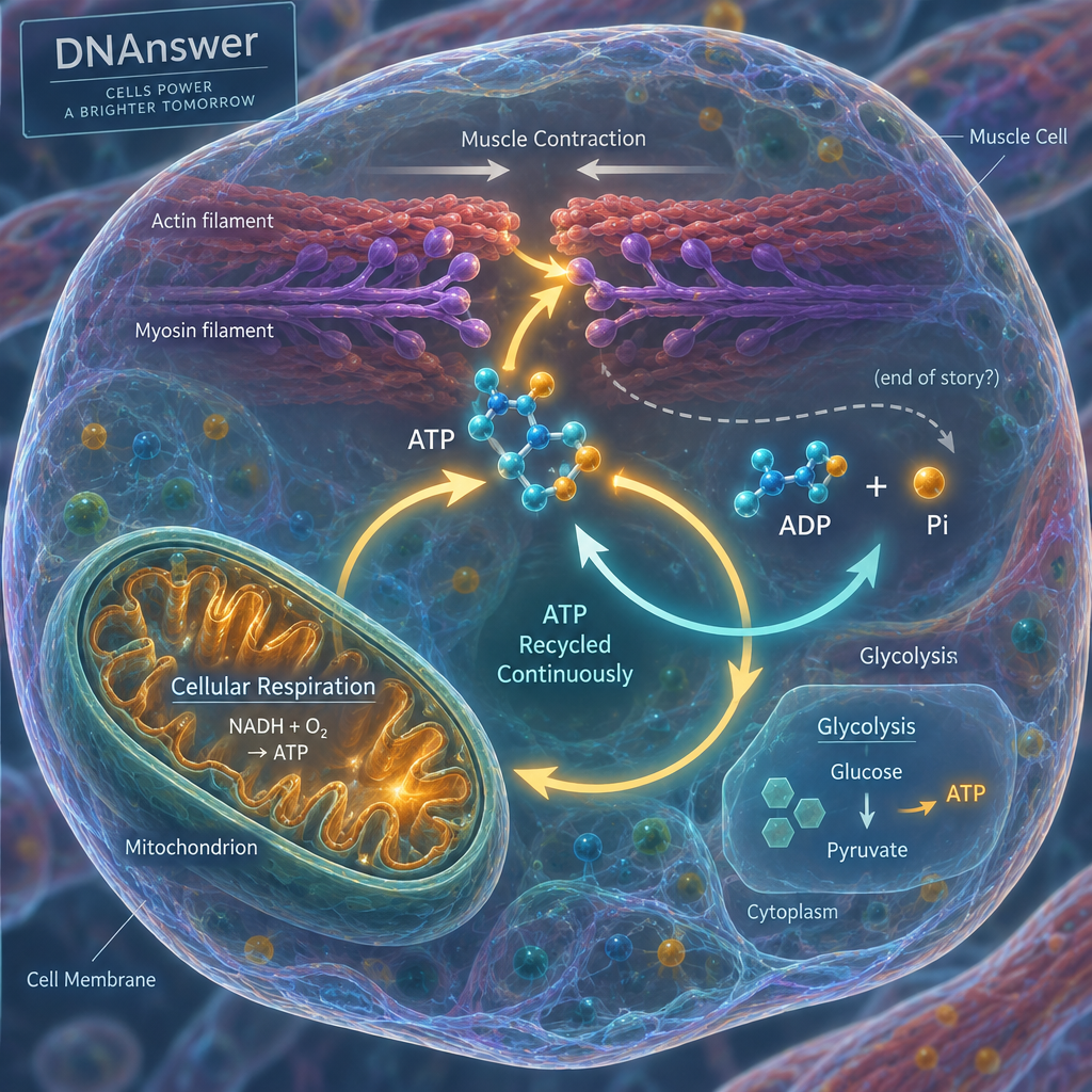 Overhead diagram of a muscle cell showing atp in biology: ATP powers muscle filaments, while ADP and phosphate regenerate ATP via mitochondria and glycolysis.
