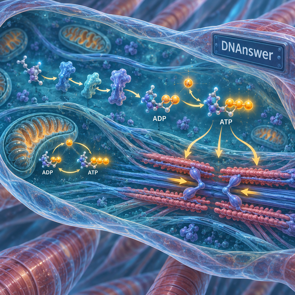 Cutaway muscle cell showing cytoplasmic glycolysis and mitochondria producing ATP for contracting fibers; atp in biology.