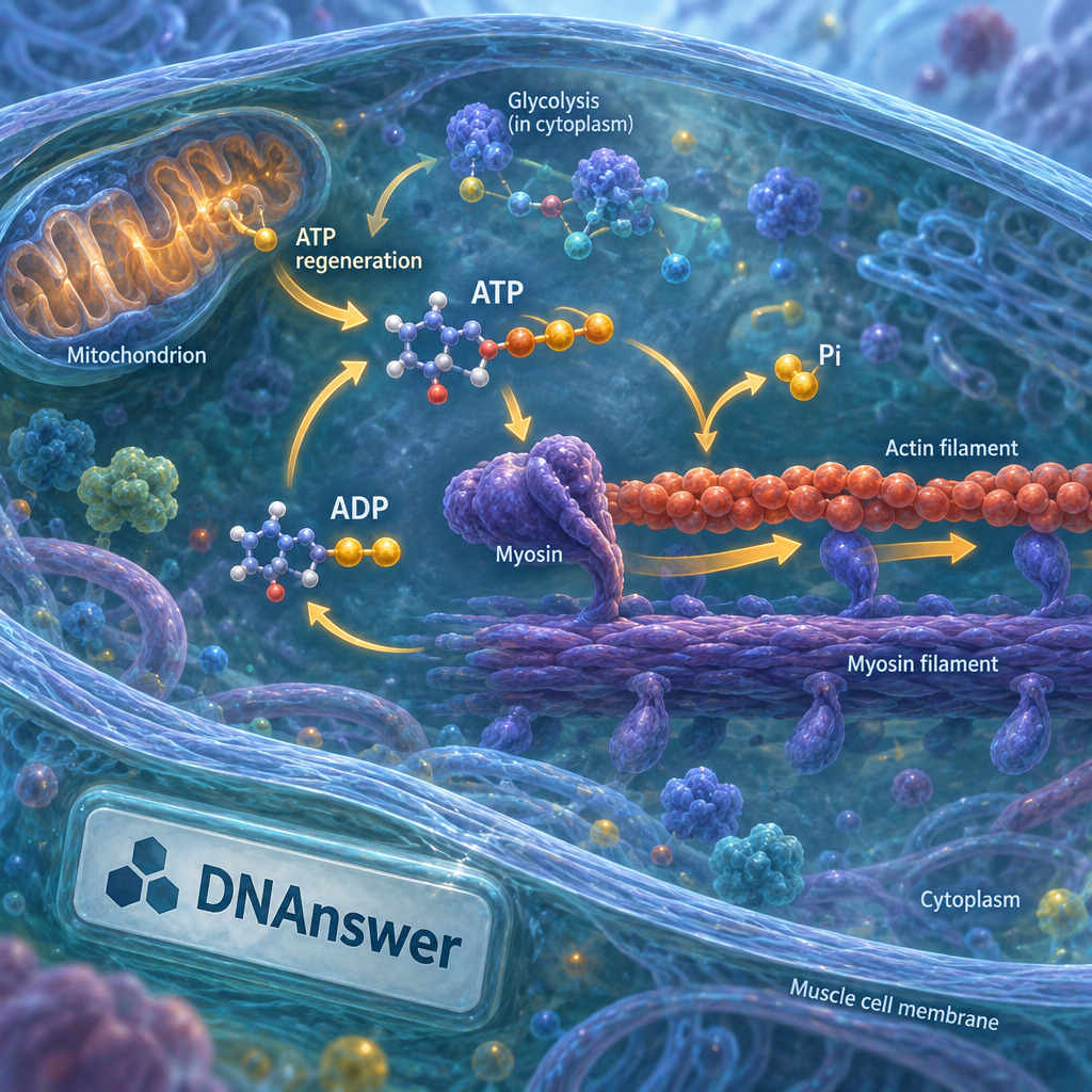 Illustration of atp in biology: ATP and ADP cycle through a muscle cell, powering myosin as actin and myosin filaments slide.