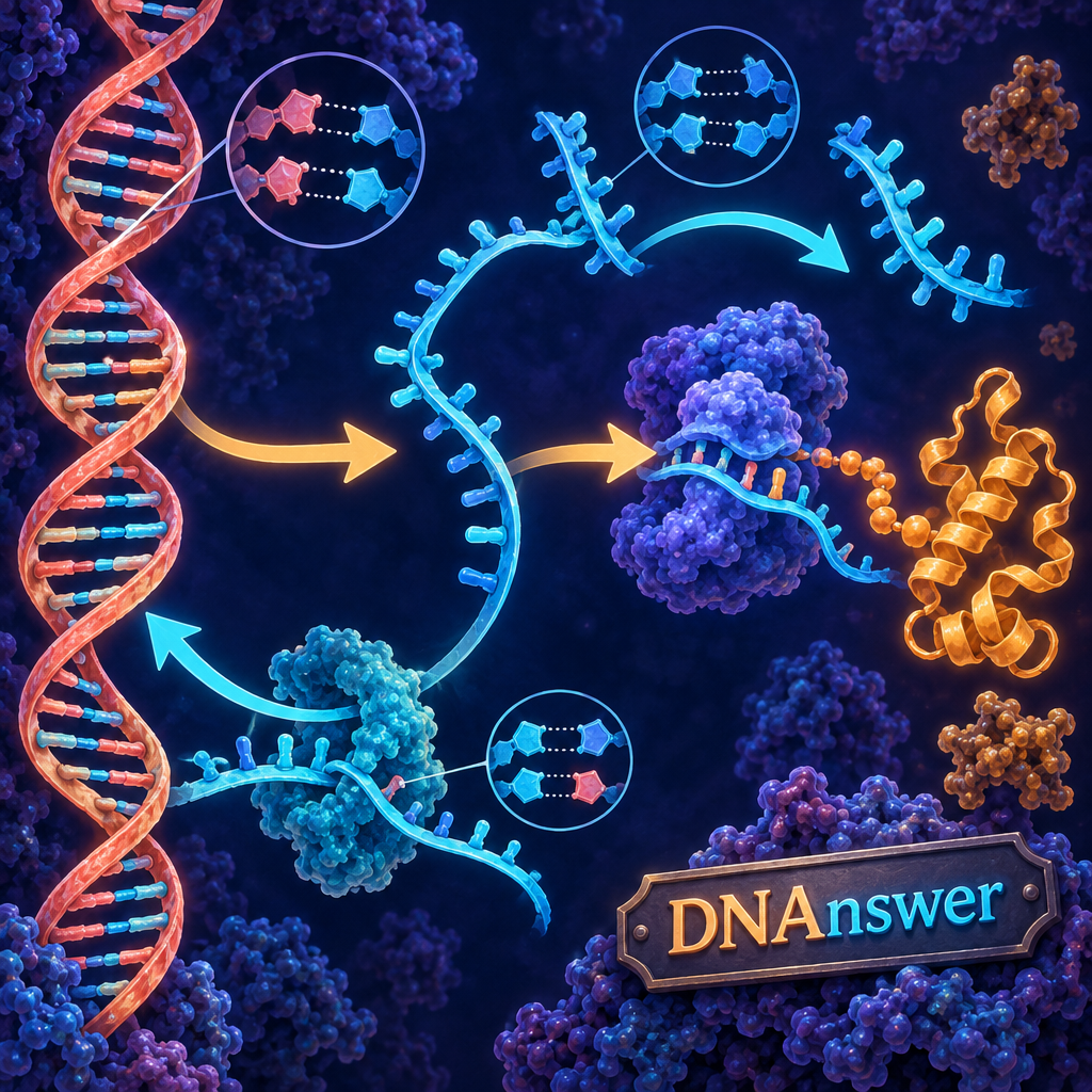 Overhead illustration of biology molecular and cellular information flow: DNA to RNA to protein, with RNA-to-DNA and RNA-to-RNA routes.