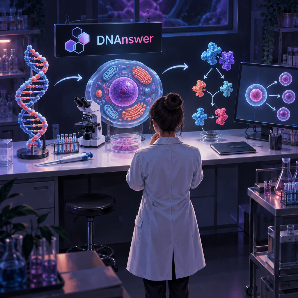biology molecular and cellular lab with a researcher studying linked DNA, cell, and protein pathway stations on a bench.