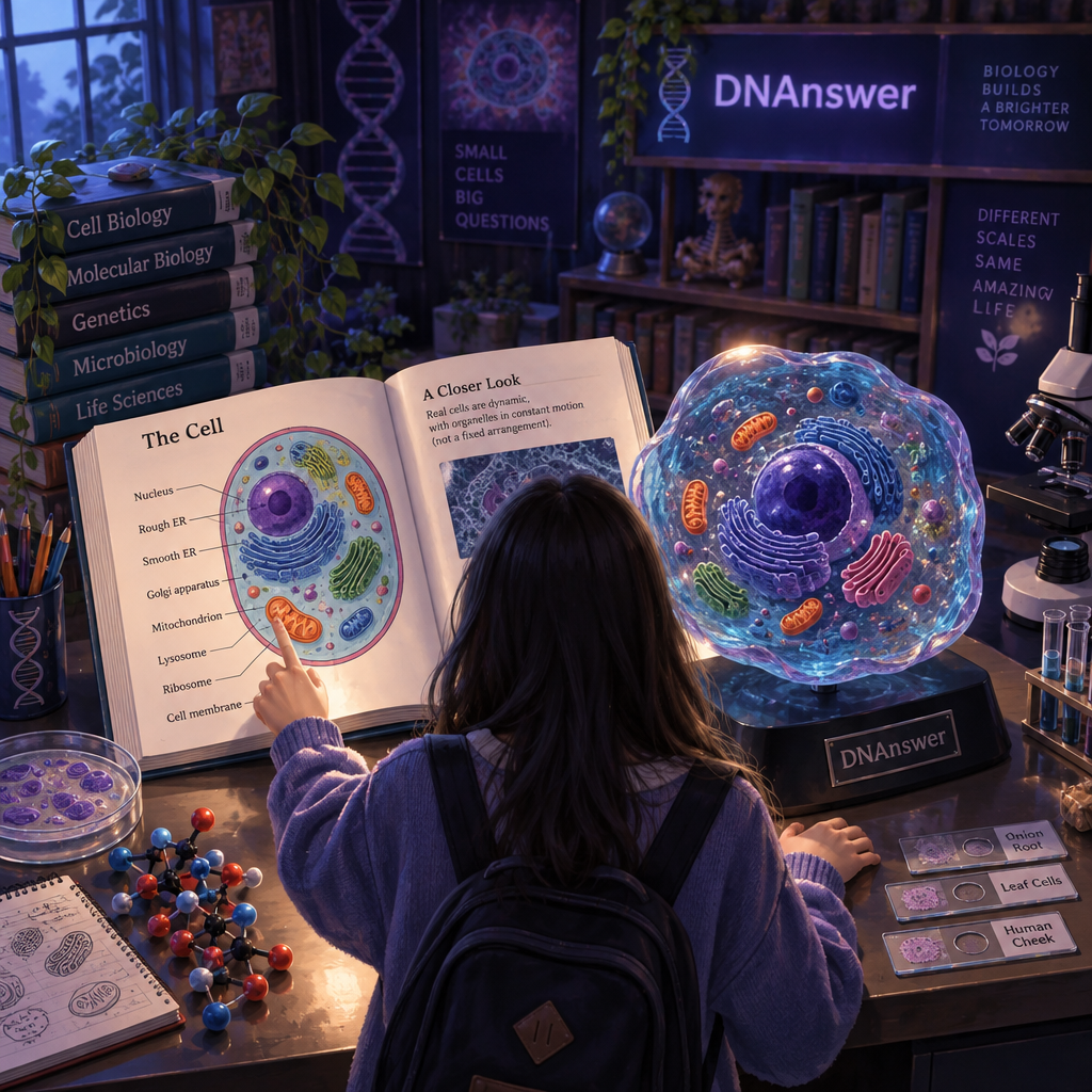 Student compares a flat cell diagram with a translucent 3D cell model at a biology worktable, with biology molecular and cellular materials nearby.