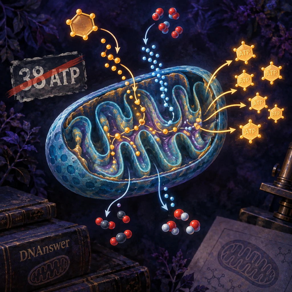 Overhead biology illustration of a mitochondrion and ATP production, crossing out “38 ATP” to show variable cellular respiration equations.