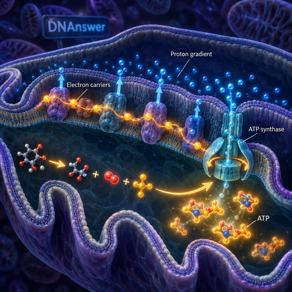 Mitochondrion cutaway shows electron transport, proton flow through ATP synthase, and ATP formation; cellular respiration equations illustrated.
