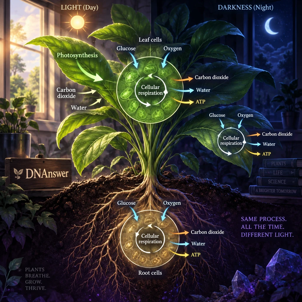 Illustration of a leafy plant in daylight and darkness, showing photosynthesis only in light and cellular respiration equations in leaf and root cells at all times.