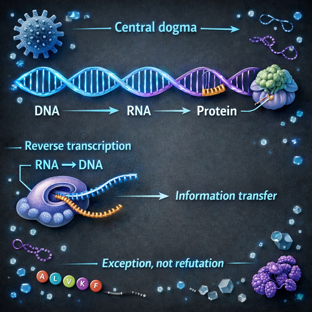 Scientific flat lay showing DNA, RNA, ribosome, protein, and viral reverse transcription, illustrating central dogma of biology exceptions.