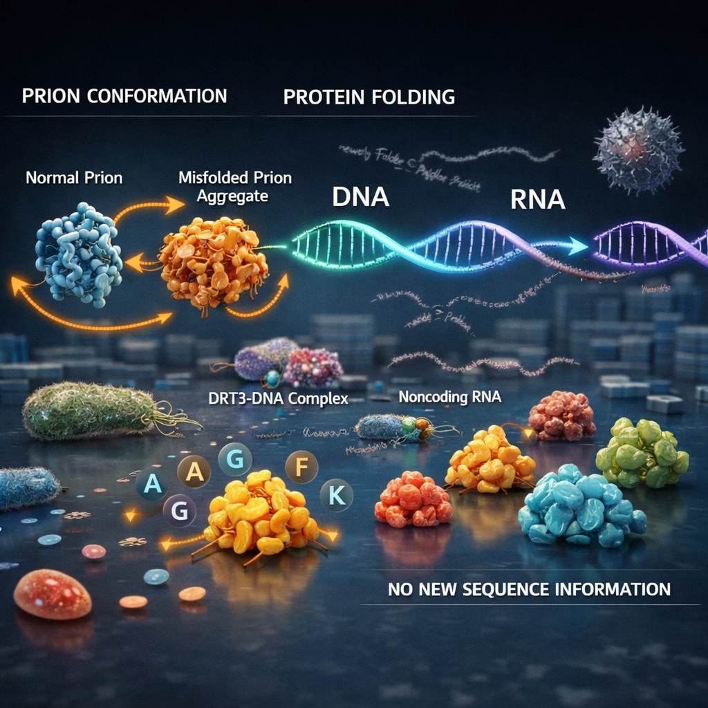 Central dogma of biology exceptions: prion folding and aggregation beside DNA, RNA, ribosomes, and proteins in a molecular lab.