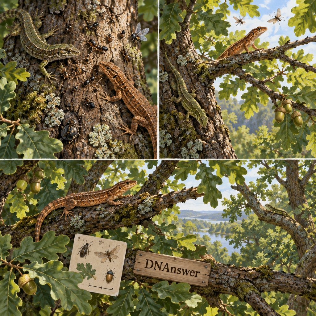 Oak canopy vignettes show lizards competing, sharing distinct feeding niches, and occupying separate branches—competitive exclusion, niche biology, habitat vs niche species, niche ecology.