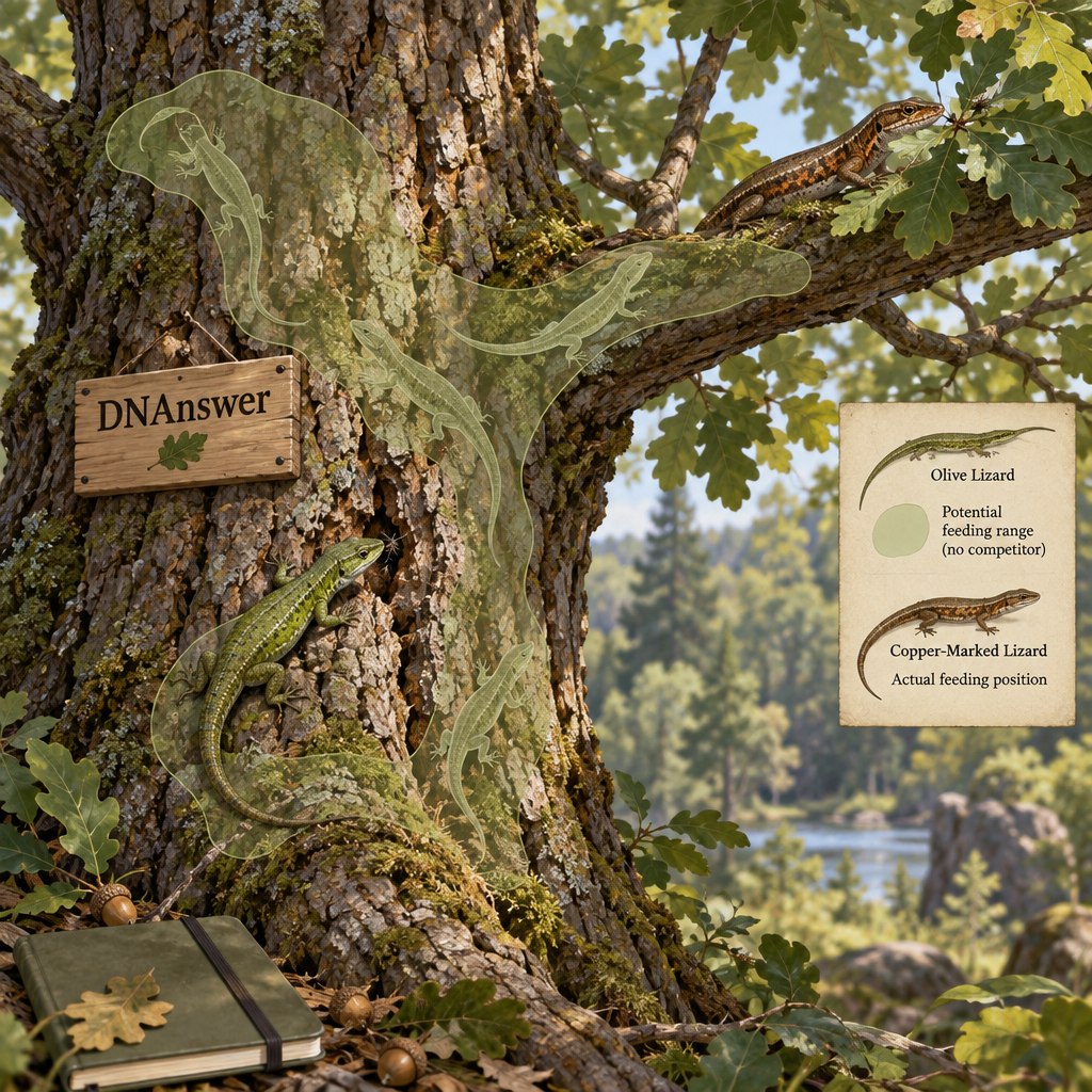 Two lizard species feed at different heights on an oak, illustrating competitive exclusion and habitat vs niche in niche biology and ecology.