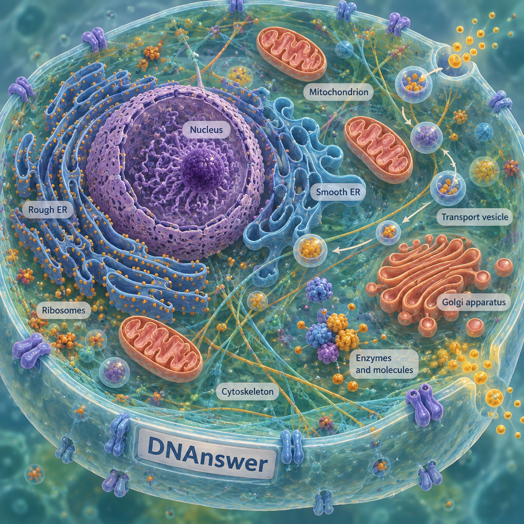 Overhead cell illustration showing organized cytoplasm, organelles, molecular activity, and vesicles moving along filaments; cytoplasm function biology.