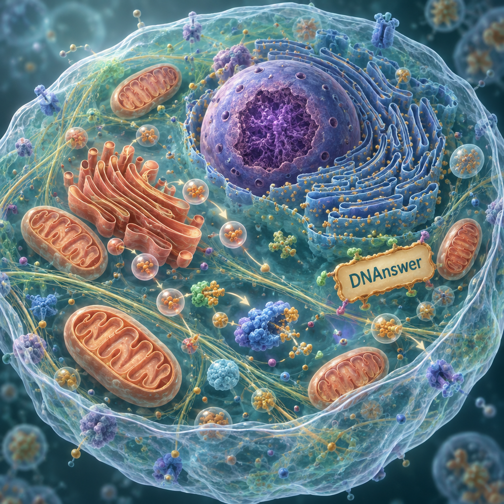 Translucent cell interior with nucleus, organelles, and moving molecules illustrating cytoplasm function biology.
