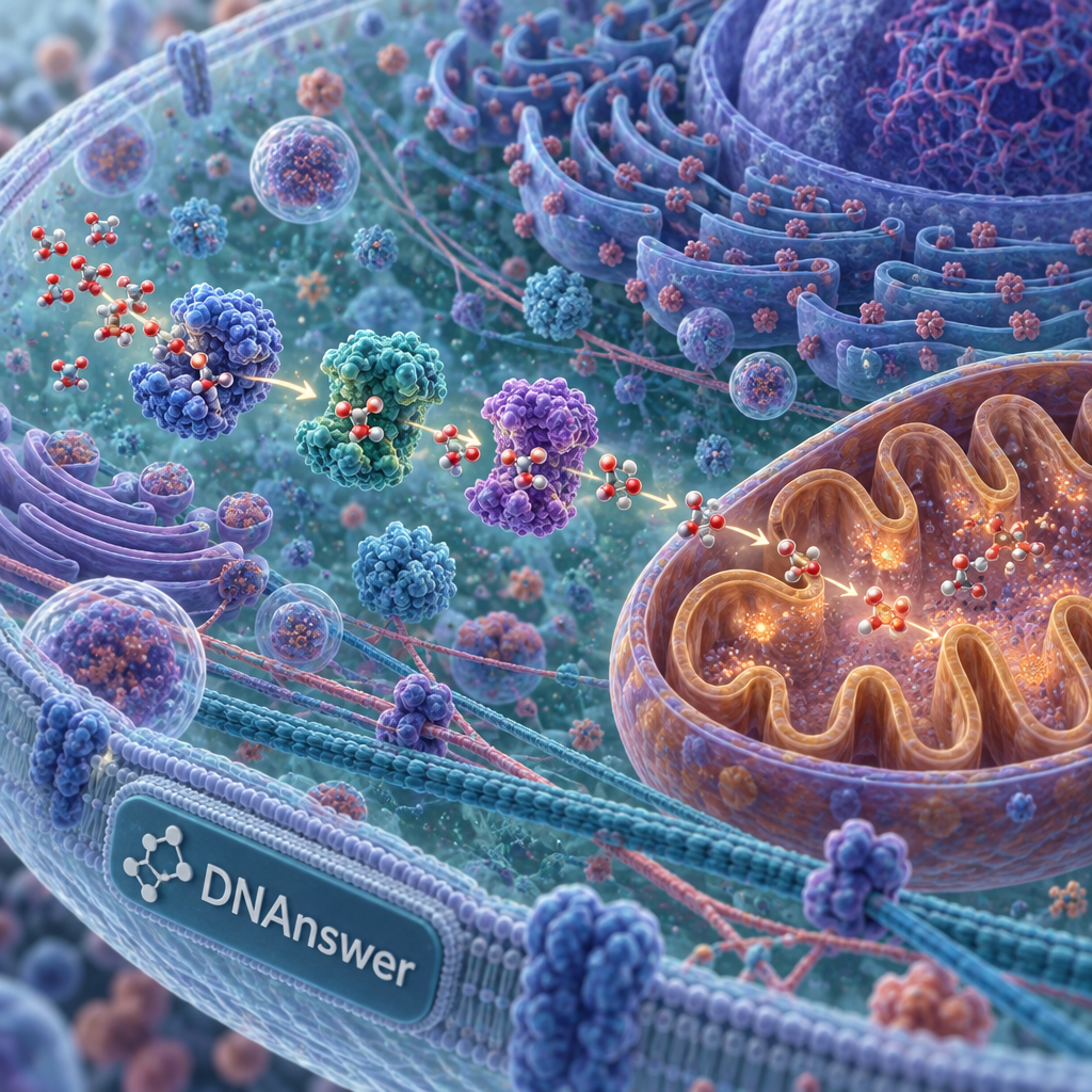 Glucose processing in teal cytoplasm, with pyruvate moving toward a mitochondrion amid cell structures; cytoplasm function biology.