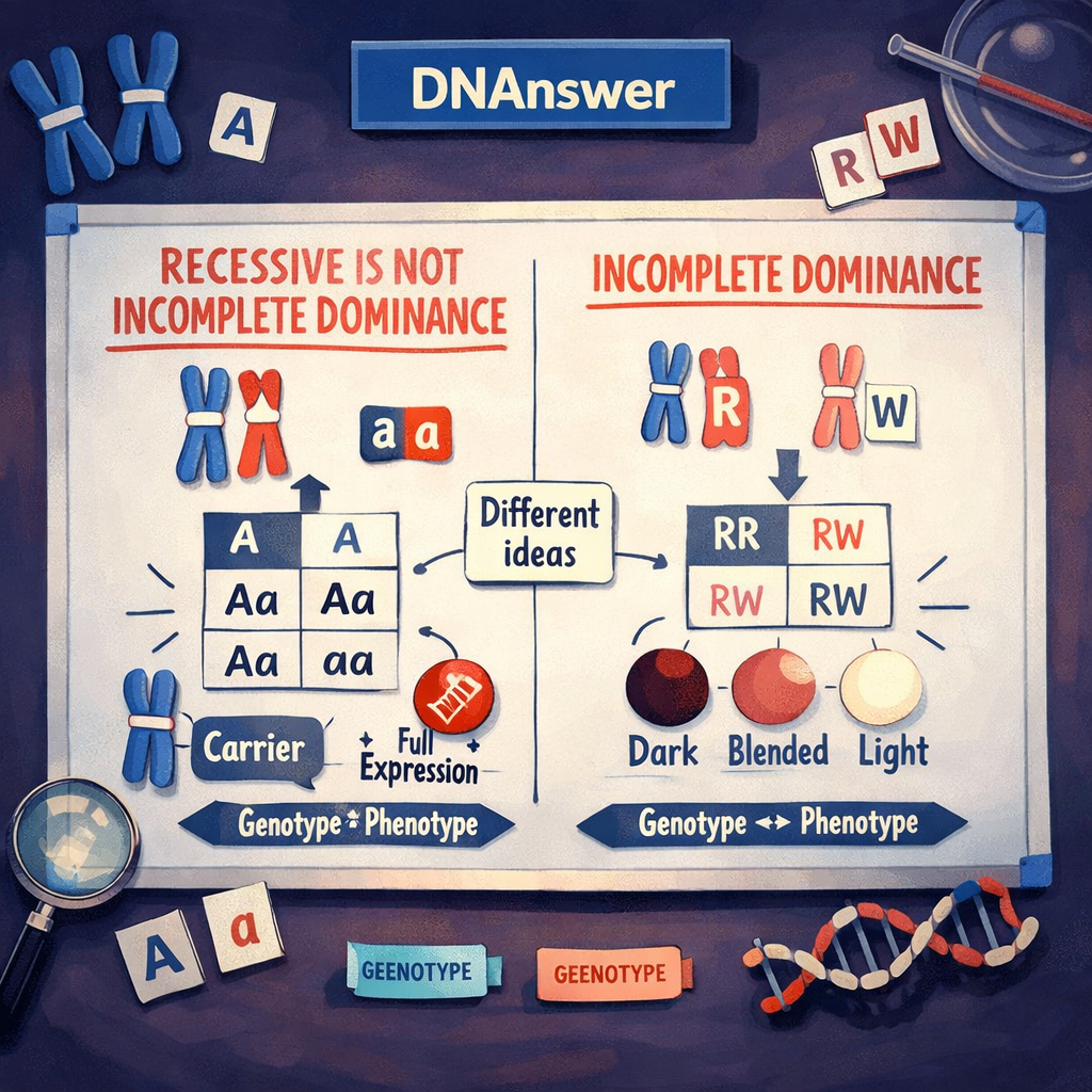 Flat-lay genetics board comparing recessive inheritance and incomplete dominance, with Punnett squares and “define recessive biology.”