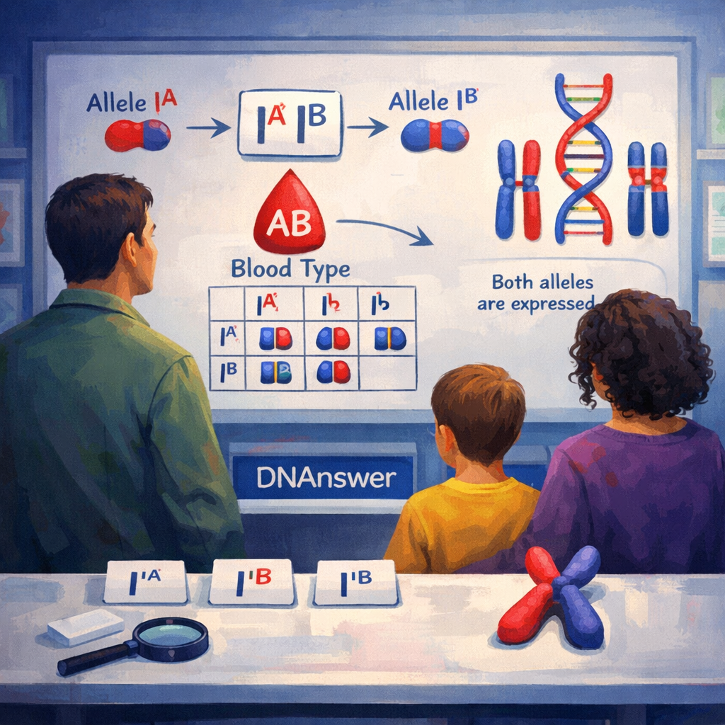 Family and child study codominance diagrams showing AB blood type, chromosomes, and the phrase “define recessive biology.”