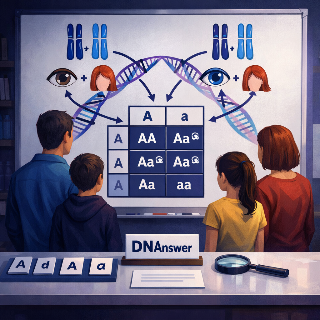 Family views a Punnett square linking human eye color and red hair traits to DNA and chromosomes; define recessive biology.