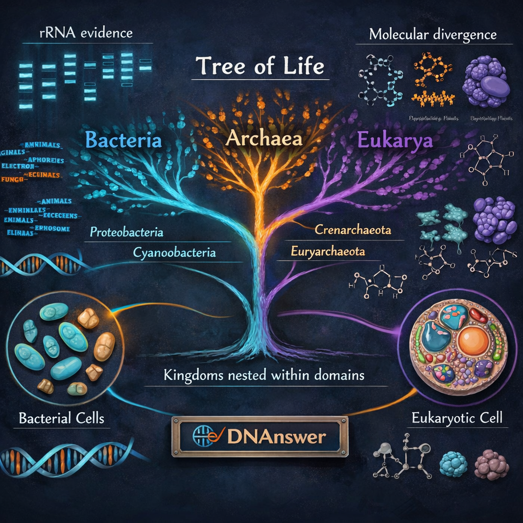 Infographic of domains of life taxonomy classification, three domains system kingdoms vs domains, with rRNA evidence.