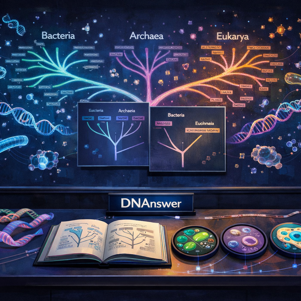 Museum-style molecular gallery showing Bacteria, Archaea, and Eukarya in a three-domain tree with two-domain alternatives; domains of life taxonomy classification, three domains system kingdoms vs domains