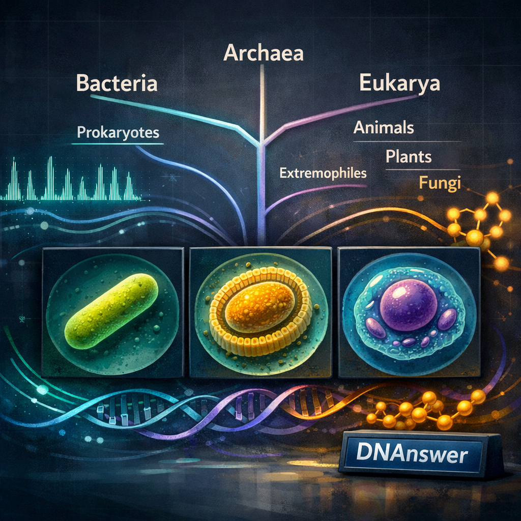 Three microscope-view cells align with a luminous Bacteria, Archaea, and Eukarya tree, illustrating domains of life taxonomy classification, three domains system kingdoms vs domains