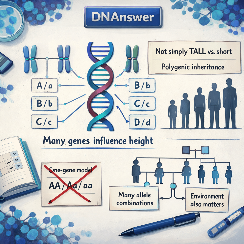 Flat-lay genetics lesson showing polygenic height variation, many allele combinations, and crossed-out single-gene model; dominant and recessive in genetics