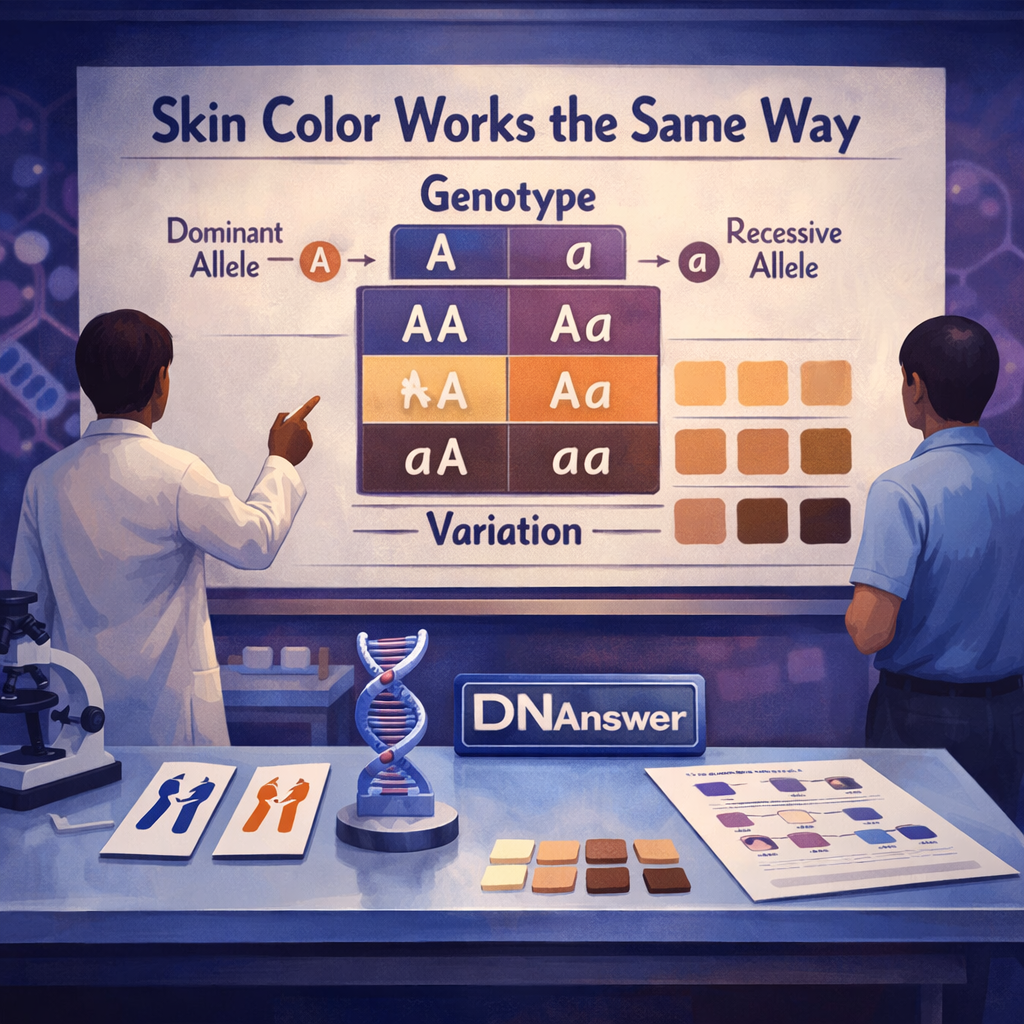 Genetics studio with Punnett square, diverse skin-tone swatches, and educator explaining dominant and recessive in genetics.