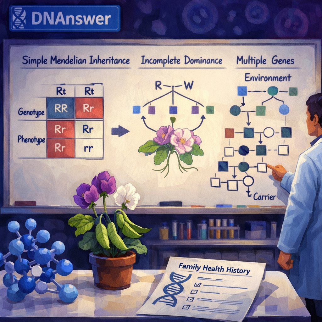 Genetics classroom board compares dominant and recessive in genetics, inheritance diagrams, chromosomes, a pea plant, and family report.