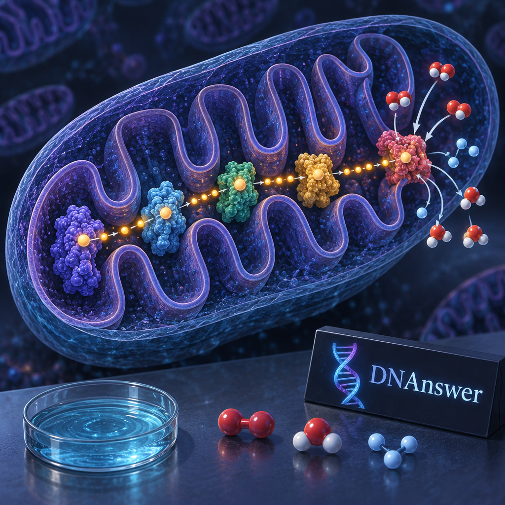 Overhead illustration of a mitochondrion’s folded membrane showing an electron transfer chain ending in oxygen forming water.