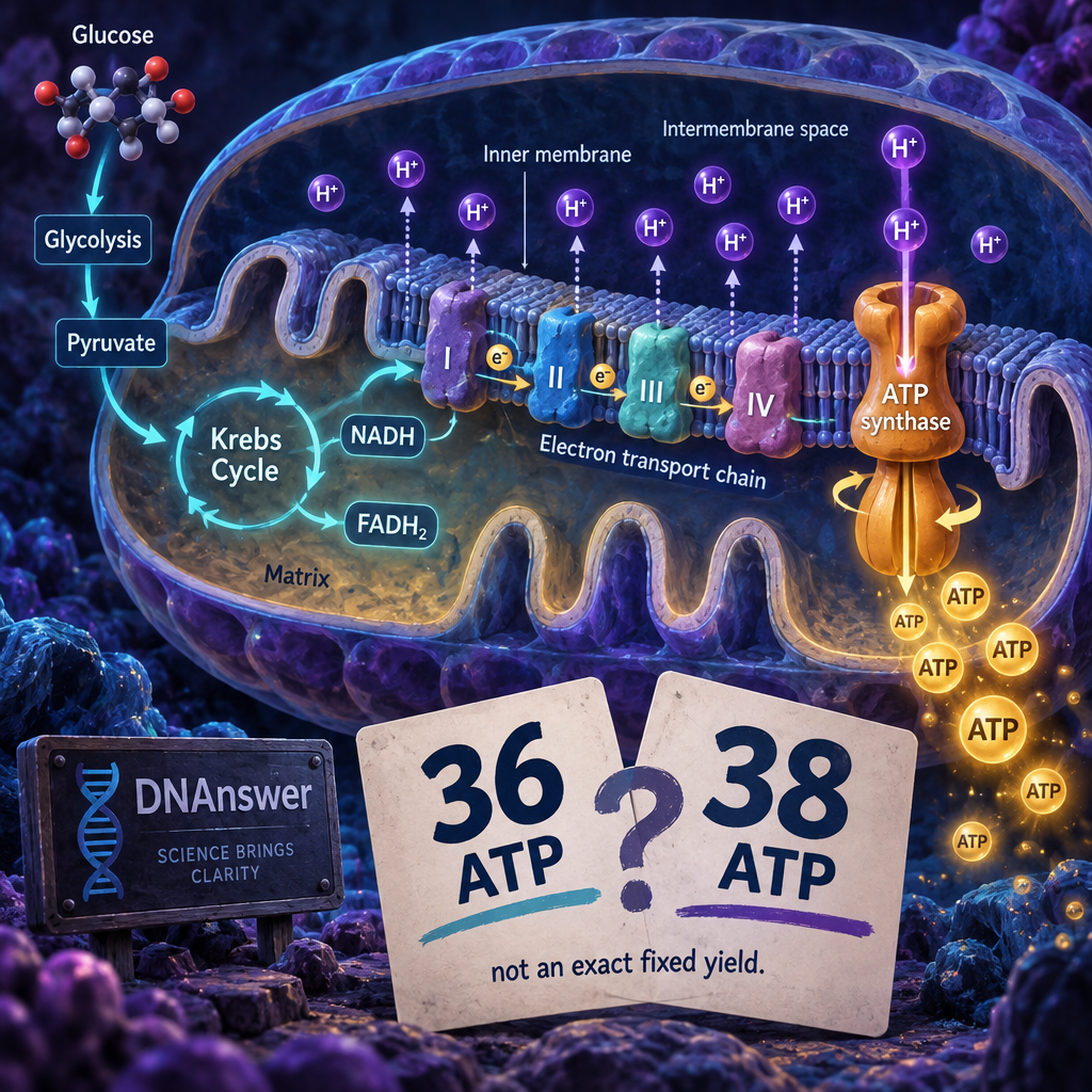 Mitochondrion cutaway shows the electron transfer chain and ATP synthase, with “36 ATP” and “38 ATP” tallies questioned as estimates.