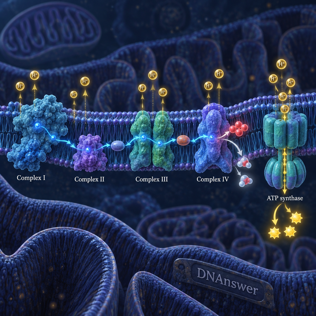 Illustrated electron transfer chain across a folded membrane, with five protein complexes, glowing electrons, oxygen, water, and ATP synthase.