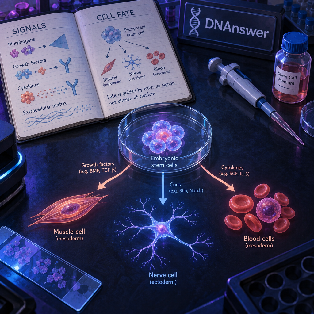 Embryonic stem cells in a culture dish branch into muscle, nerve, and blood cells, guided by signals on a research bench.