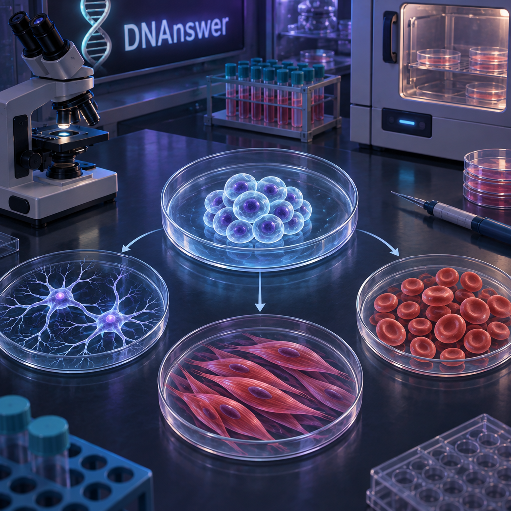 Embryonic stem cells in a central dish branch into neurons, muscle fibers, and blood cells in a bright lab illustration.