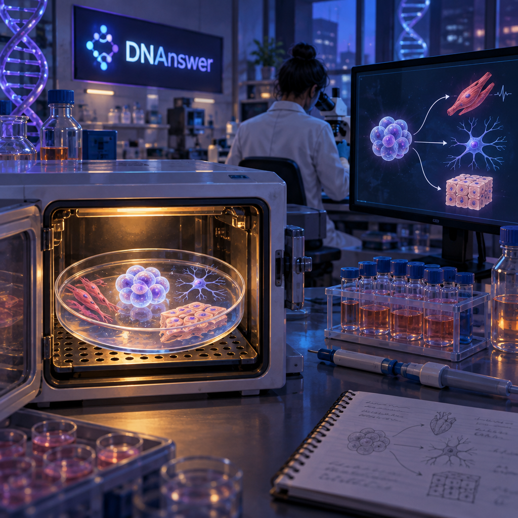 Embryonic stem cells in a culture dish inside an incubator, with a researcher at a microscope and a monitor showing specialized cell types.