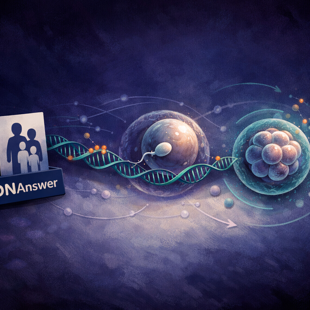 Overhead illustration of DNA, parent, sperm and egg, and embryo showing methylation marks fading, conveying epigenetic inheritance.