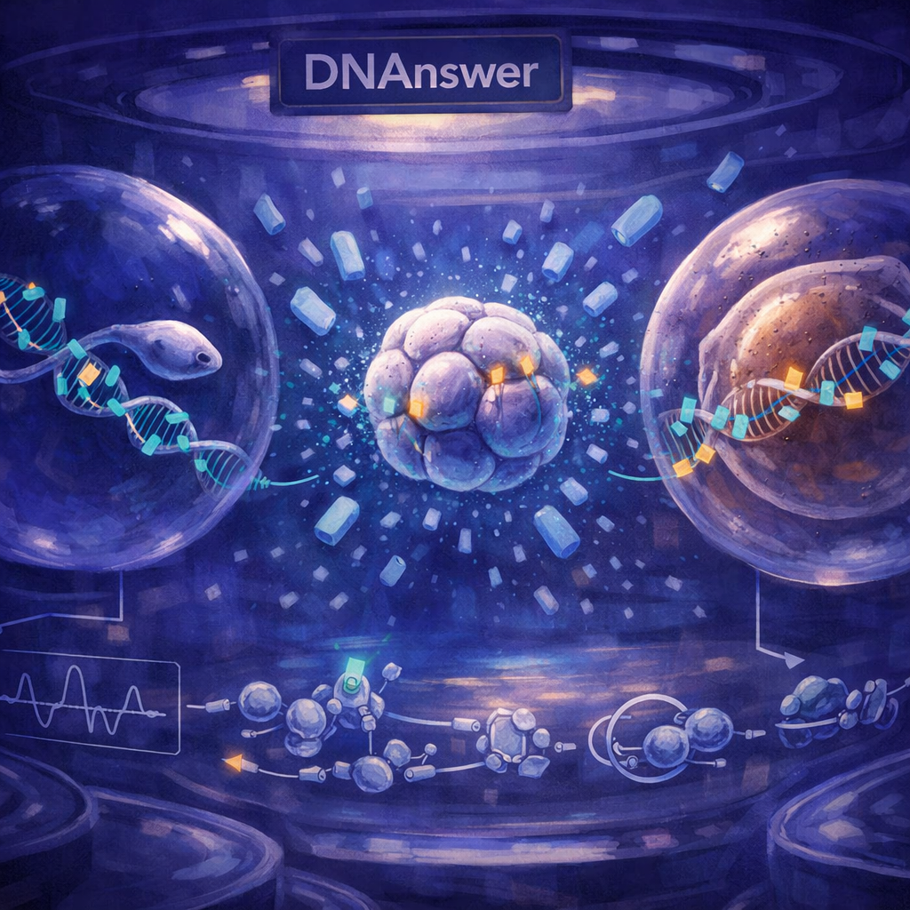 Painterly molecular studio showing sperm and egg becoming an embryo as methylation tags fade, illustrating epigenetic inheritance.