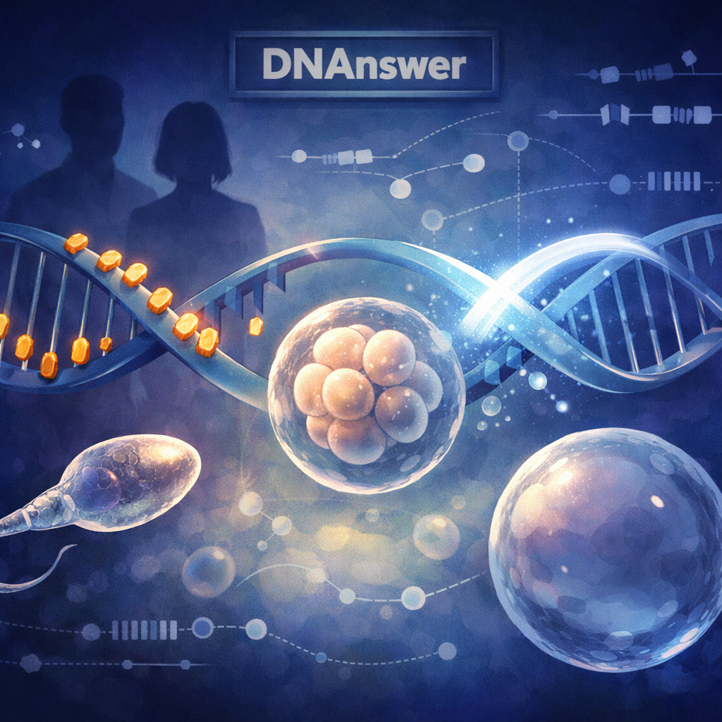 Illustration of epigenetic inheritance: sperm, egg, embryo, DNA helix, methylation tags, and erased pathways.
