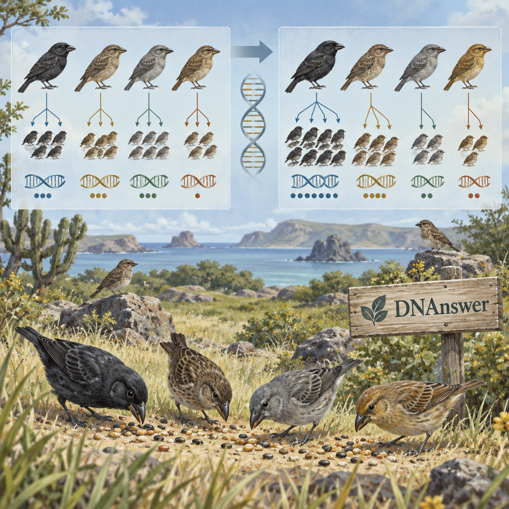 Finches with varied beaks feed among grasses beneath panels tracing inherited traits and offspring across generations, illustrating evolutionary biology.