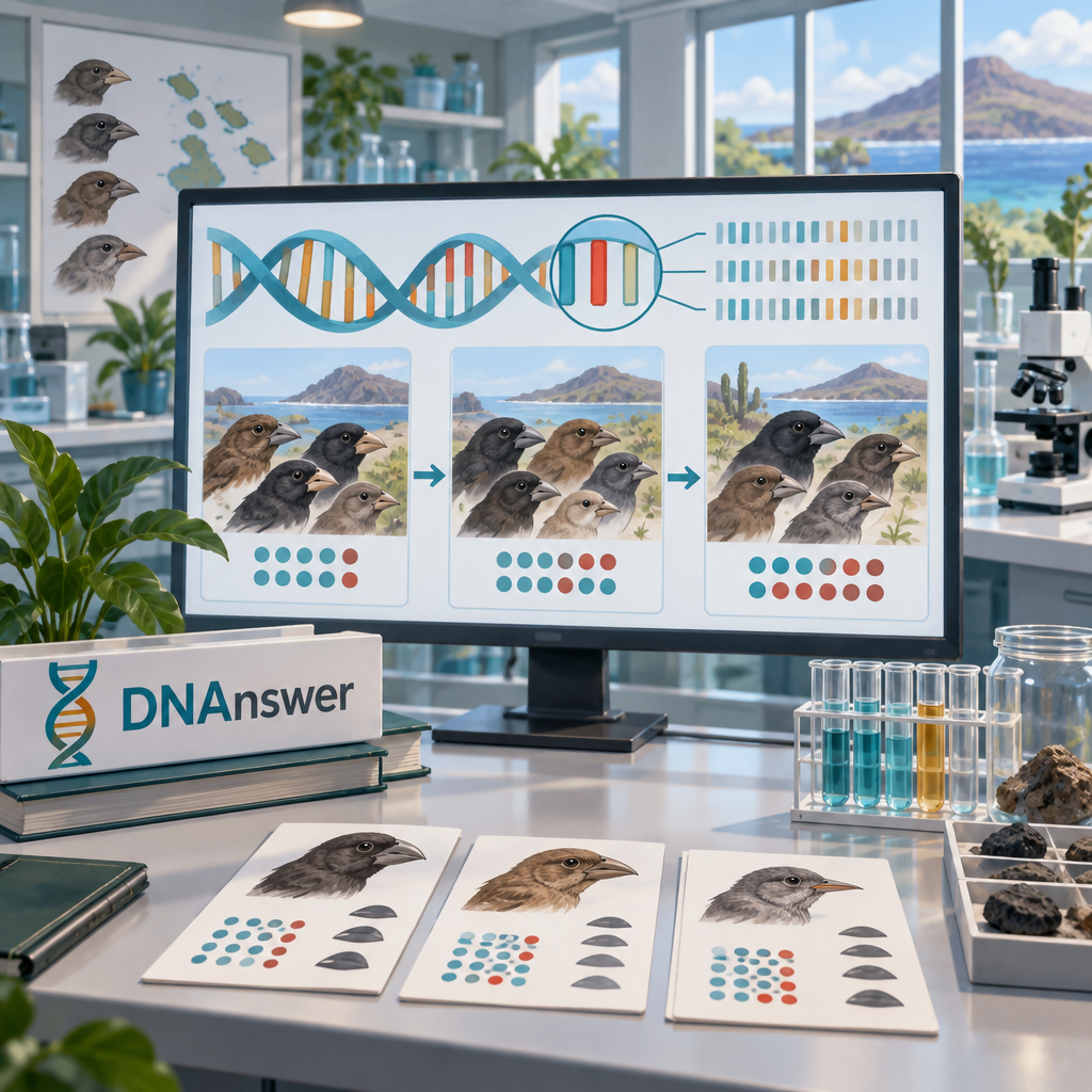 Bright evolutionary biology lab display traces inherited beak variation across finch populations with DNA diagrams and observation cards.