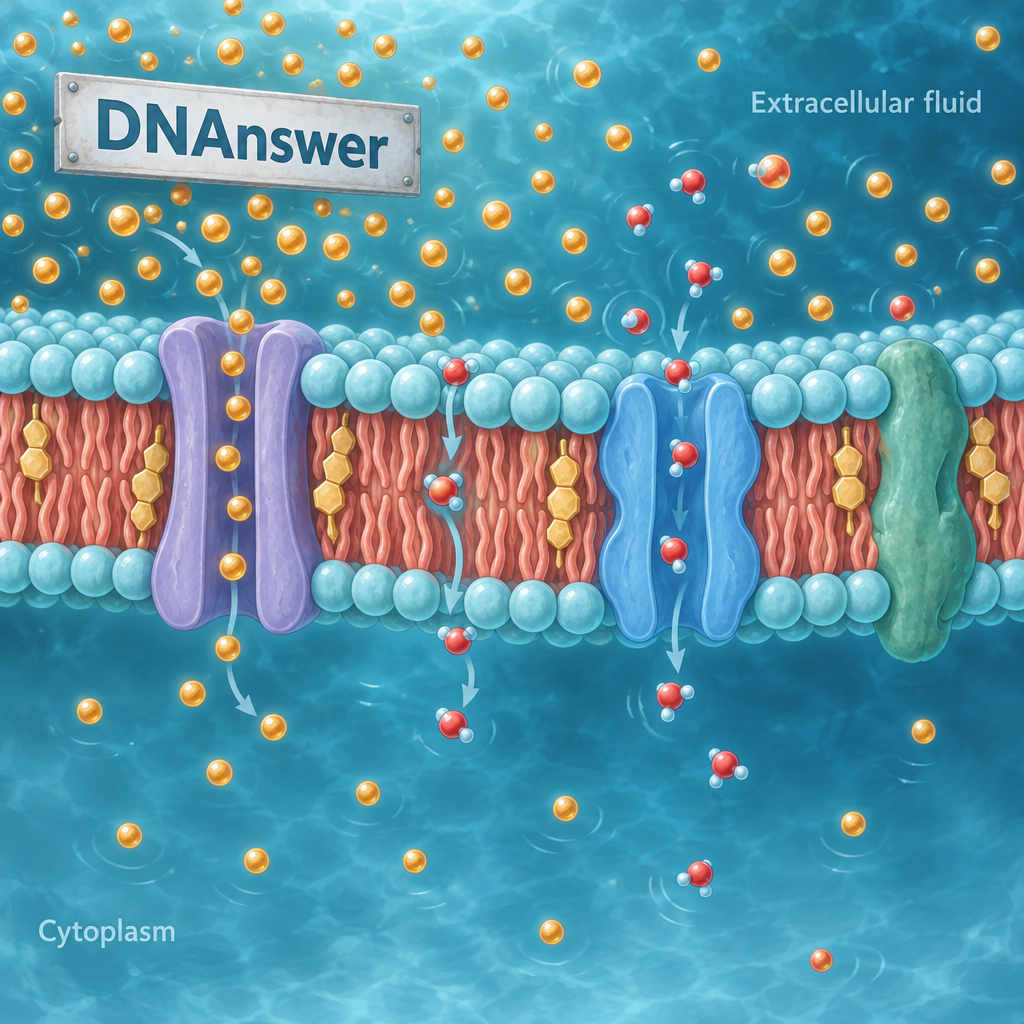 Cutaway cell membrane showing ions, water, and molecules moving through channels and the bilayer, illustrating function cell membrane.