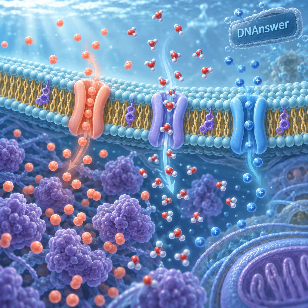 Microscopic cell membrane showing coral molecules and ions crossing channels, while water moves toward clustered solutes; function cell membrane.
