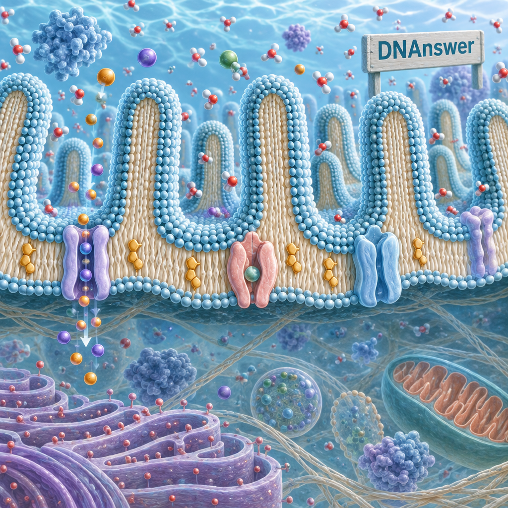 Illustrated cell membrane with microvilli, channels, and passing particles, showing how its expanded surface supports function cell membrane activity.