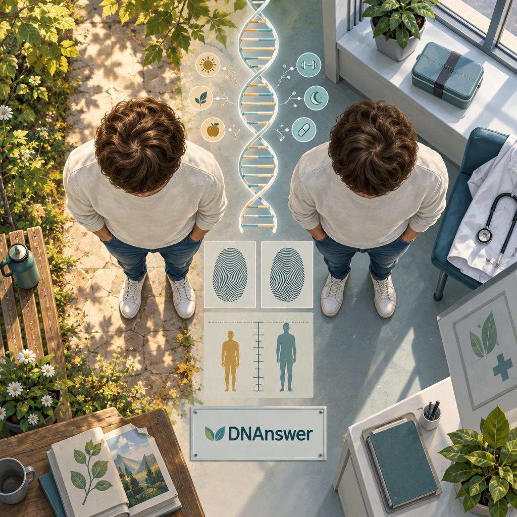 Overhead illustration of twins with DNA, fingerprint and height comparisons in sunlit and clinic settings, showing genotype vs phenotype biology nature vs nurture genetics gene expression environment