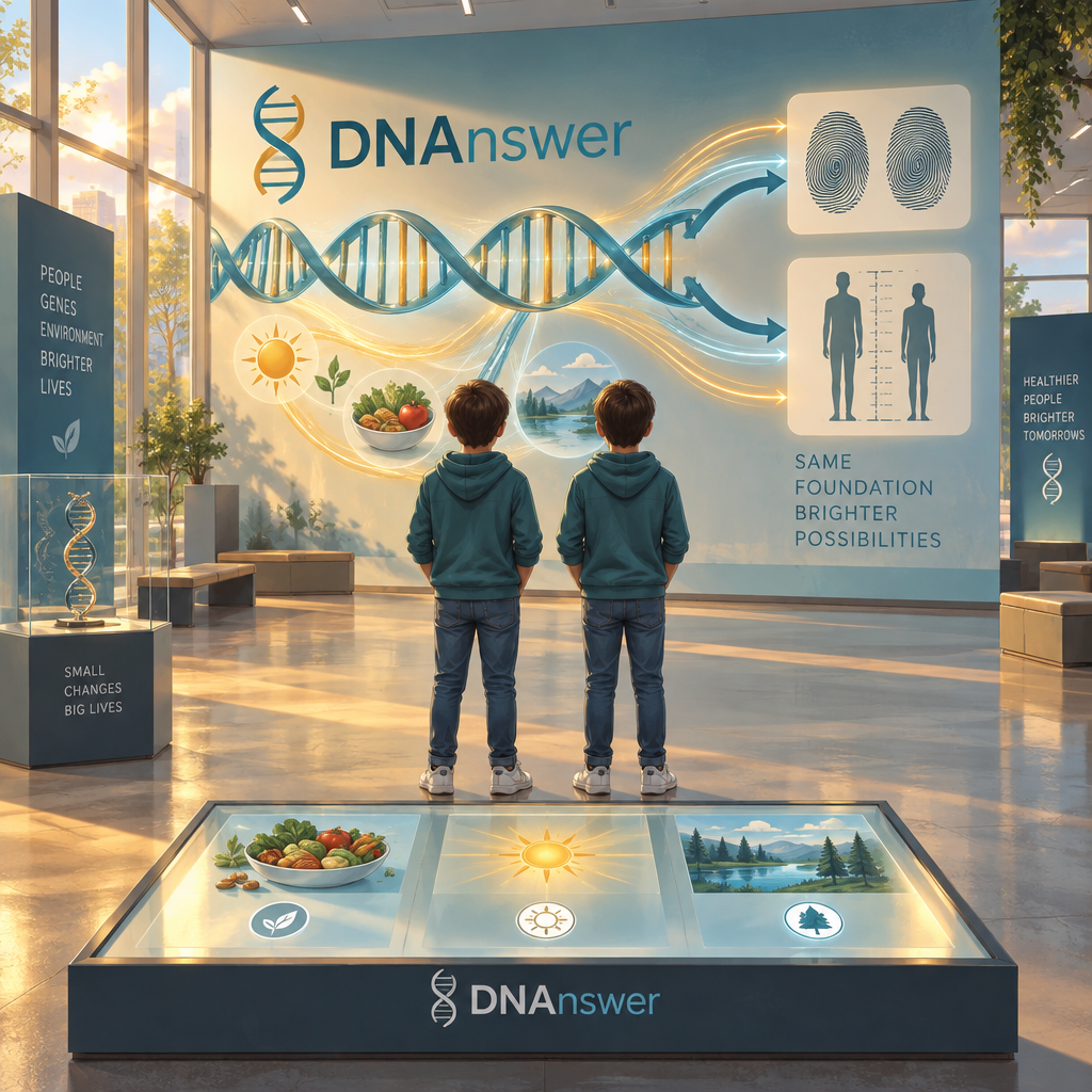 Twins view DNA and trait diagrams in a genetics gallery, showing genotype vs phenotype biology, nature vs nurture, and gene expression shaped by environment.