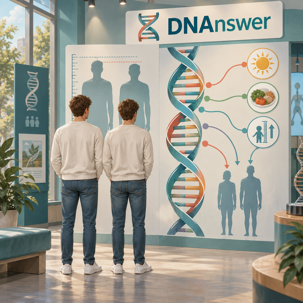 Identical twins beside a DNA chart showing genotype vs phenotype biology, nature vs nurture genetics, gene expression, and environment shaping height.