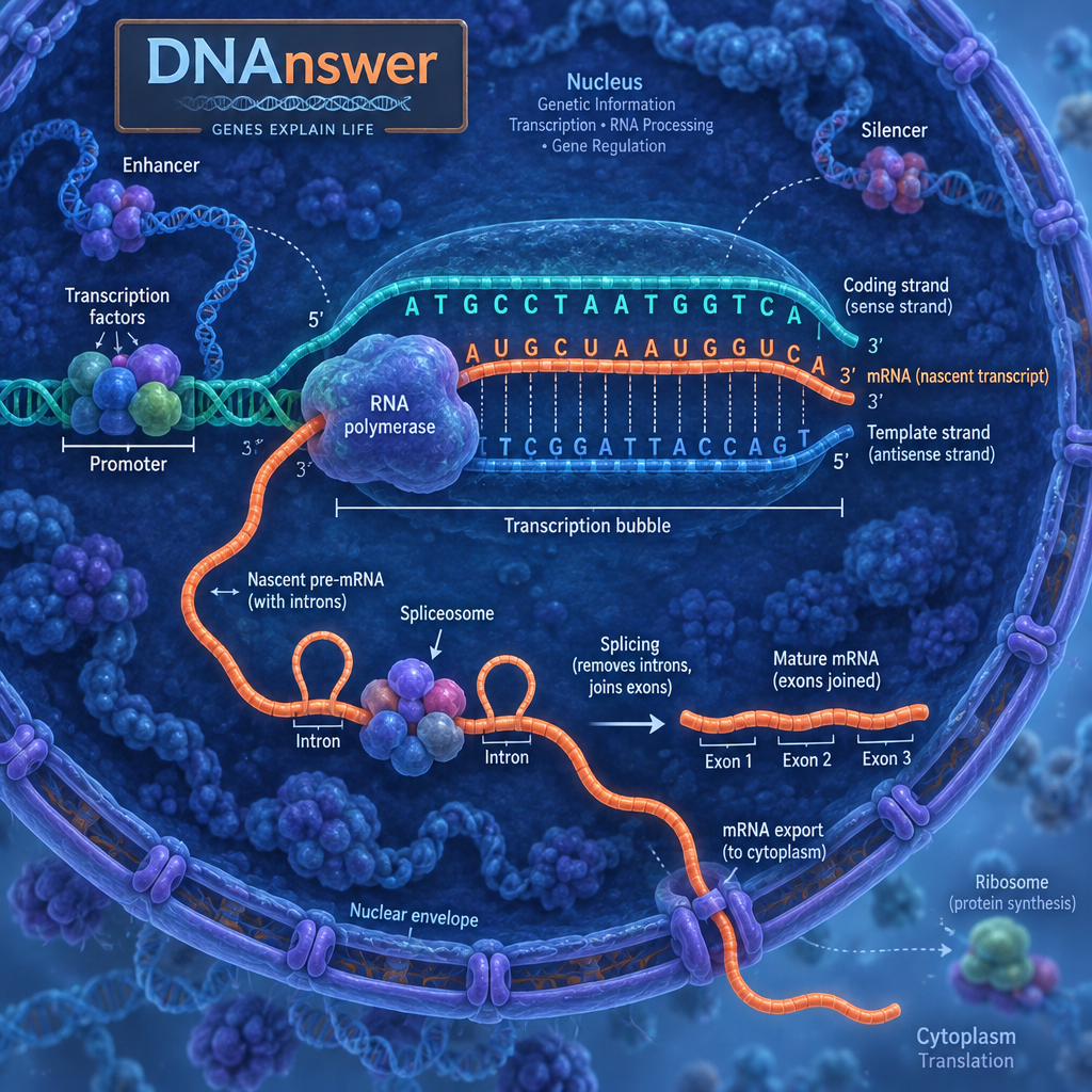 Bird’s-eye nucleus diagram shows DNA unwinding, RNA polymerase building coral RNA, and splicing; how does transcription work RNA transcription process gene expression transcription