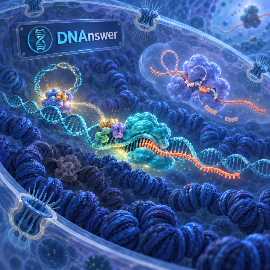 Wide cell nucleus showing active RNA polymerase transcribing one open gene while chromatin stays silent; how does transcription work RNA transcription process gene expression transcription