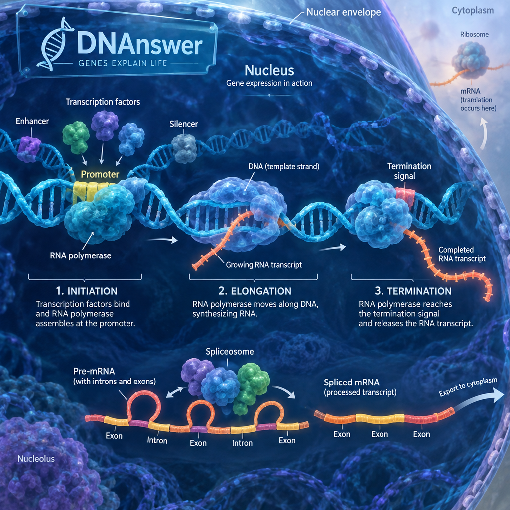 Painterly nucleus shows DNA, RNA polymerase, and RNA transcription stages: initiation, elongation, termination, and splicing—how does transcription work RNA transcription process gene expression transcription