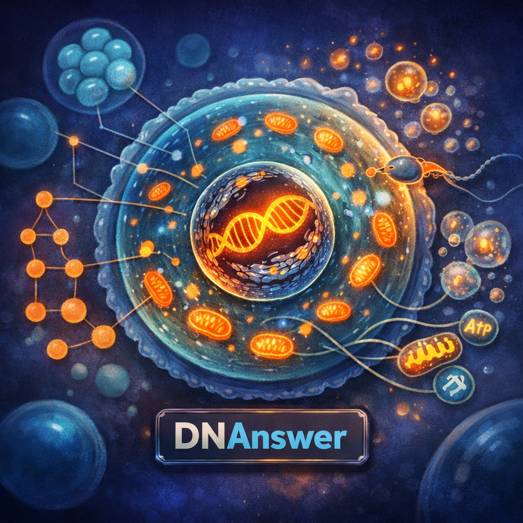 Painterly overhead fertilized egg showing nuclear DNA, maternal mitochondrial DNA, and tagged elimination of paternal mitochondria.