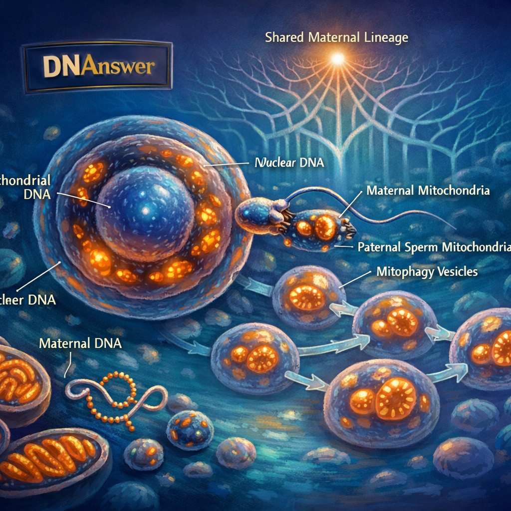 Fertilized egg with maternal mitochondria, sperm mitochondria marked for removal, embryo cells, and maternal mitochondrial DNA lineage diagram